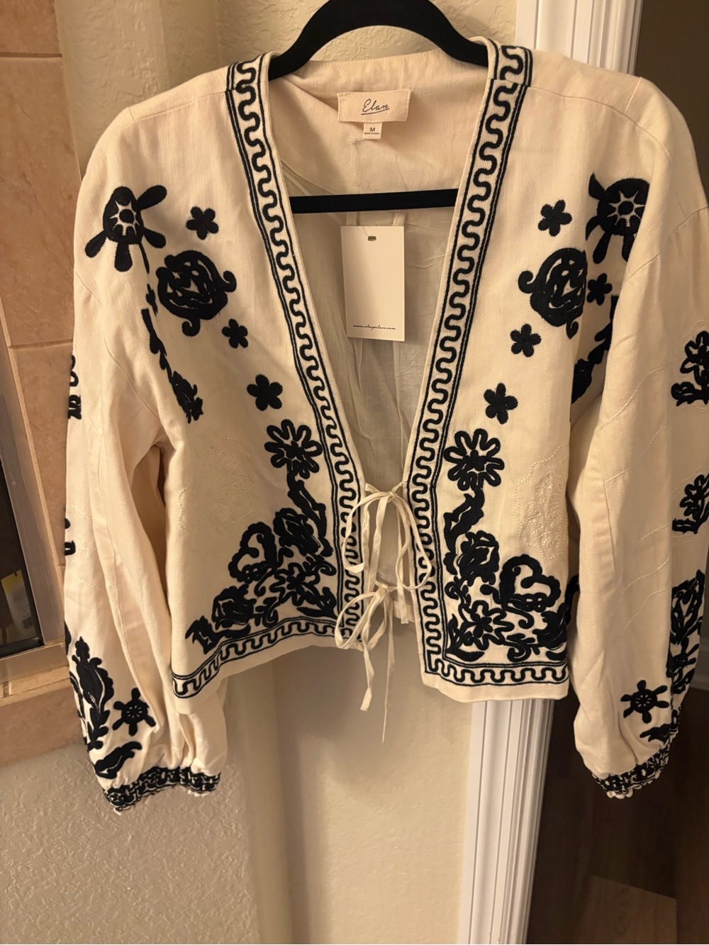 Black Embroidered Tie-Front Cotton top